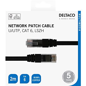 Mrežni kabel DELTACO U/UTP, CAT6, LSZH 2m - Črna (00210008)