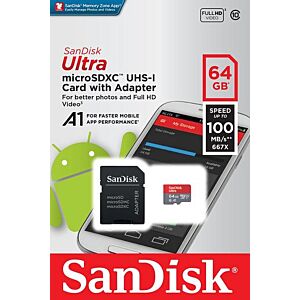 Spominska kartica micro SDXC 64GB C10 UHS-1 A1, adapter, SanDisk Ultra 100 MB/s