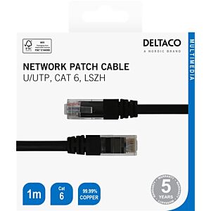 Mrežni kabel DELTACO U/UTP, CAT6, LSZH 1m - Črna (00210006)
