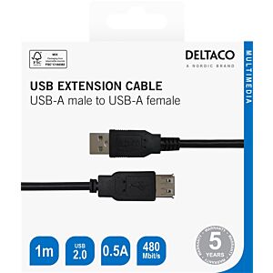 Kabel DELTACO USB-A moški na USB-A ženski, 1m - Črna (00140004)