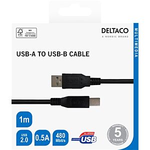 Kabel DELTACO USB-B 2.0, primeren za tiskalnike 1m - Črna (00140001)