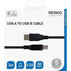 Kabel DELTACO USB-B 2.0, primeren za tiskalnike 3m - Črna (00140006)